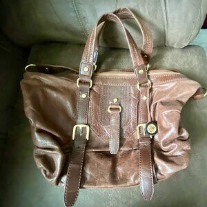 The Sak Brown Leather Carry All Tote Zip Up Western Preppy School Shoulder Bag